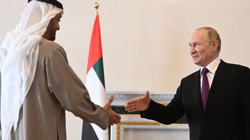 Russian President Vladimir Putin meets with United Arab Emirates President Sheikh Mohamed bin Zayed Al-Nahyan in Saint Petersburg on October 11, 2022. (Photo by Pavel Bednyakov / SPUTNIK / AFP) (Photo by PAVEL BEDNYAKOV/SPUTNIK/AFP via Getty Images)