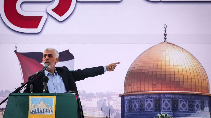 Yahya Sinwar addresses supporters during a rally marking Al-Quds (Jerusalem) Day, a commemoration in support of the Palestinian people celebrated annually on the last Friday of the Muslim fasting month of Ramadan, in Gaza City, on April 14, 2023. 