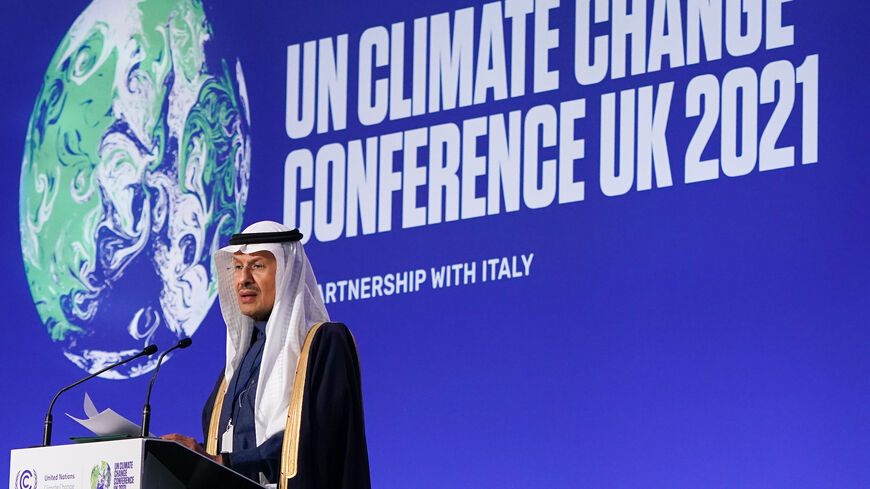 Saudi Miniser of Energy Prince Abdulaziz bin Salman Al Saud addresses delegates during the 2021 climate summit, Glasgow, Ireland, Nov. 10, 2021.