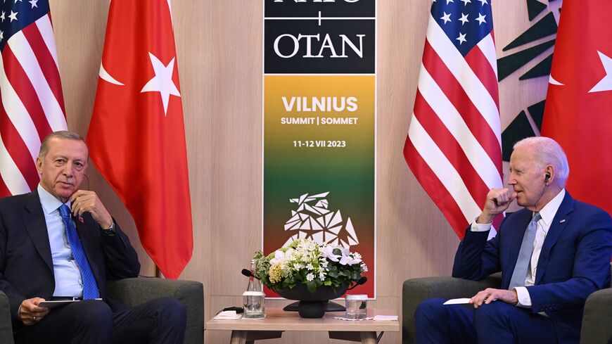 US President Joe Biden (R) and Turkey's President Recep Tayyip Erdogan hold bilateral talks the NATO Summit in Vilnius on July 11, 2023. (Photo by ANDREW CABALLERO-REYNOLDS / AFP) (Photo by ANDREW CABALLERO-REYNOLDS/AFP via Getty Images)