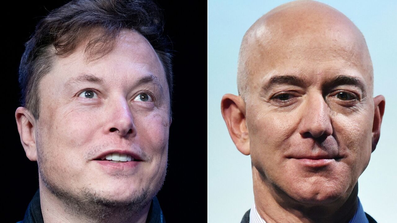  This combination of file photos created July 15, 2020, shows Tesla and SpaceX founder Elon Musk in Washington, DC, on March 9, 2020, and Amazon and Blue Origin founder Jeff Bezos in Washington, DC, Oct. 22, 2019.