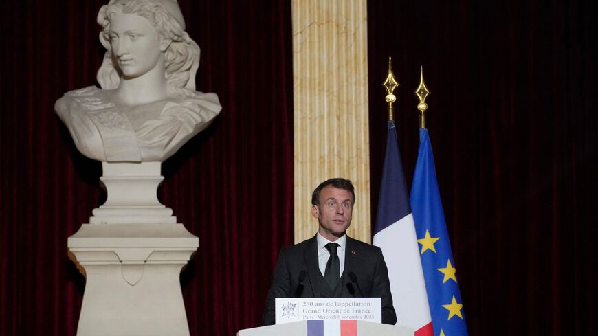 French President Emmanuel Macron speaks during a meeting with the leaders of France's Freemason organisations during the 250th anniversary of the Grand Orient of France in Paris, on November 8, 2023. (Photo by Thibault Camus / POOL / AFP) (Photo by THIBAULT CAMUS/POOL/AFP via Getty Images)