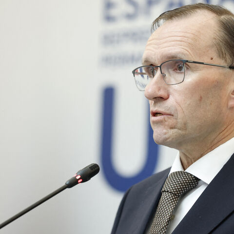 Norwegian Foreign Minister Espen Barth Eide holds a joint press conference with his Spanish and Irish counterparts at the the Permanent Representation of Spain to the European Union in Brussels on May 27, 2024. 