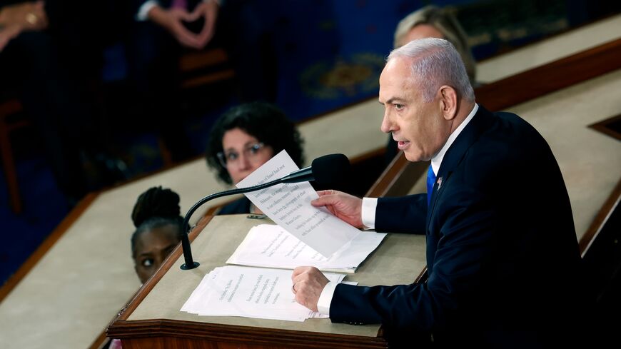 Israeli Prime Minister Benjamin Netanyahu addresses a joint meeting of Congress in the chamber of the House of Representatives at the US Capitol on July 24, 2024 in Washington, DC. 