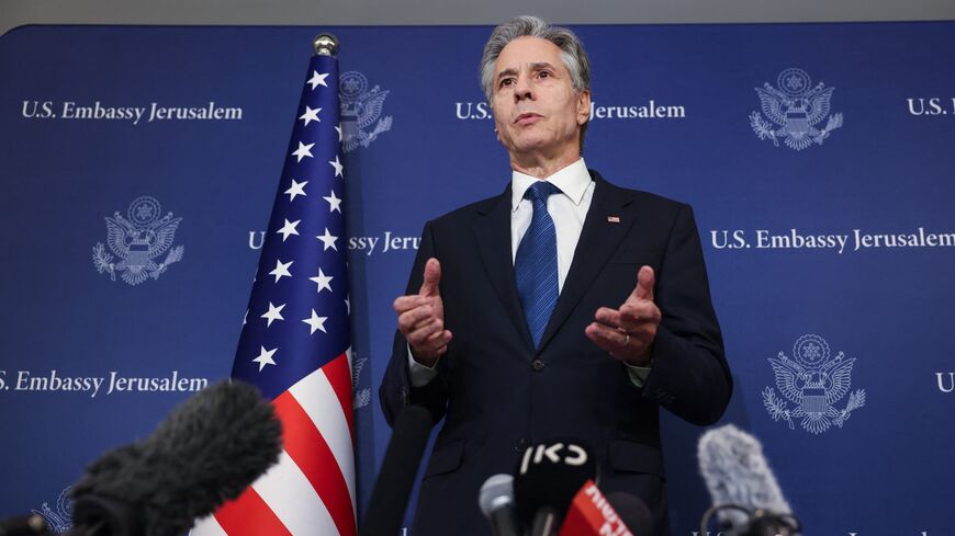 US Secretary of State Antony Blinken speaks to members of the press at David Kempinski Hotel in Tel Aviv on Aug. 19, 2024. 