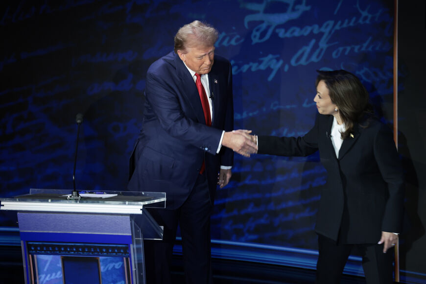 PHILADELPHIA, PENNSYLVANIA - SEPTEMBER 10: Republican presidential nominee, former U.S. President Donald Trump and Democratic presidential nominee, U.S. Vice President Kamala Harris debate for the first time during the presidential election campaign at The National Constitution Center on September 10, 2024 in Philadelphia, Pennsylvania. After earning the Democratic Party nomination following President Joe Biden's decision to leave the race, Harris faced off with Trump in what may be the only debate of the 2