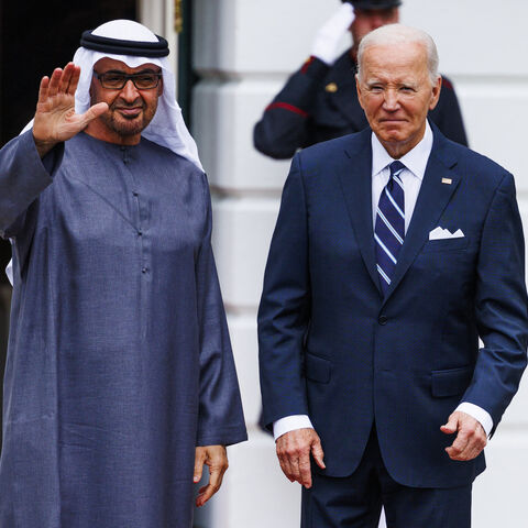 US President Joe Biden greets Sheikh Mohamed bin Zayed Al Nahyan, President of the United Arab Emirates at the White House, on Monday, September 23, 2024 in Washington, District of Columbia. World leaders including President Biden and President Nahyan will travel to New York for the United Nations General Assembly. (Photo by Aaron Schwartz / Middle East Images / Middle East Images via AFP) (Photo by AARON SCHWARTZ/Middle East Images/AFP via Getty Images)