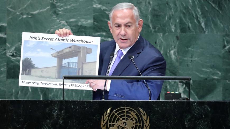 Israeli Prime Minister Benjamin Netanyahu addresses the 73rd session of the United Nations General Assembly at U.N. headquarters in New York, U.S., September 27, 2018. REUTERS/Carlo Allegri - RC1FCD450420