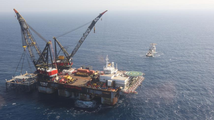 An aerial view shows the newly arrived foundation platform of Leviathan natural gas field, in the Mediterranean Sea, off the coast of Haifa, Israel January 31, 2019. Marc Israel Sellem/Pool via REUTERS - RC19D6F07760